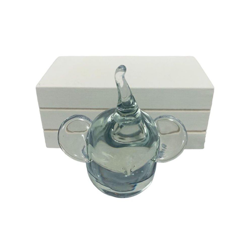 Glass Art Clear Glass Sitting Baby Elephant Trunk Up Figurine